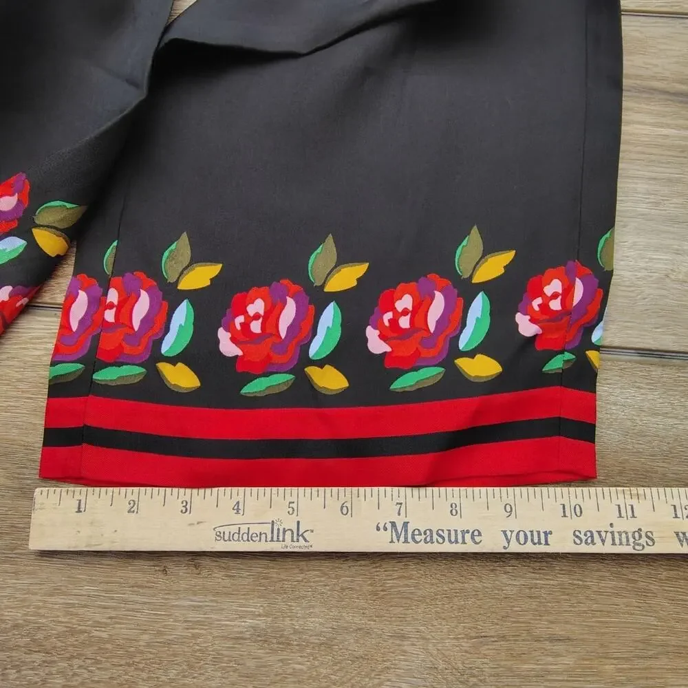 Kate Spade Rose Border Silk-Blend Wide Leg Pants Medium Black Red